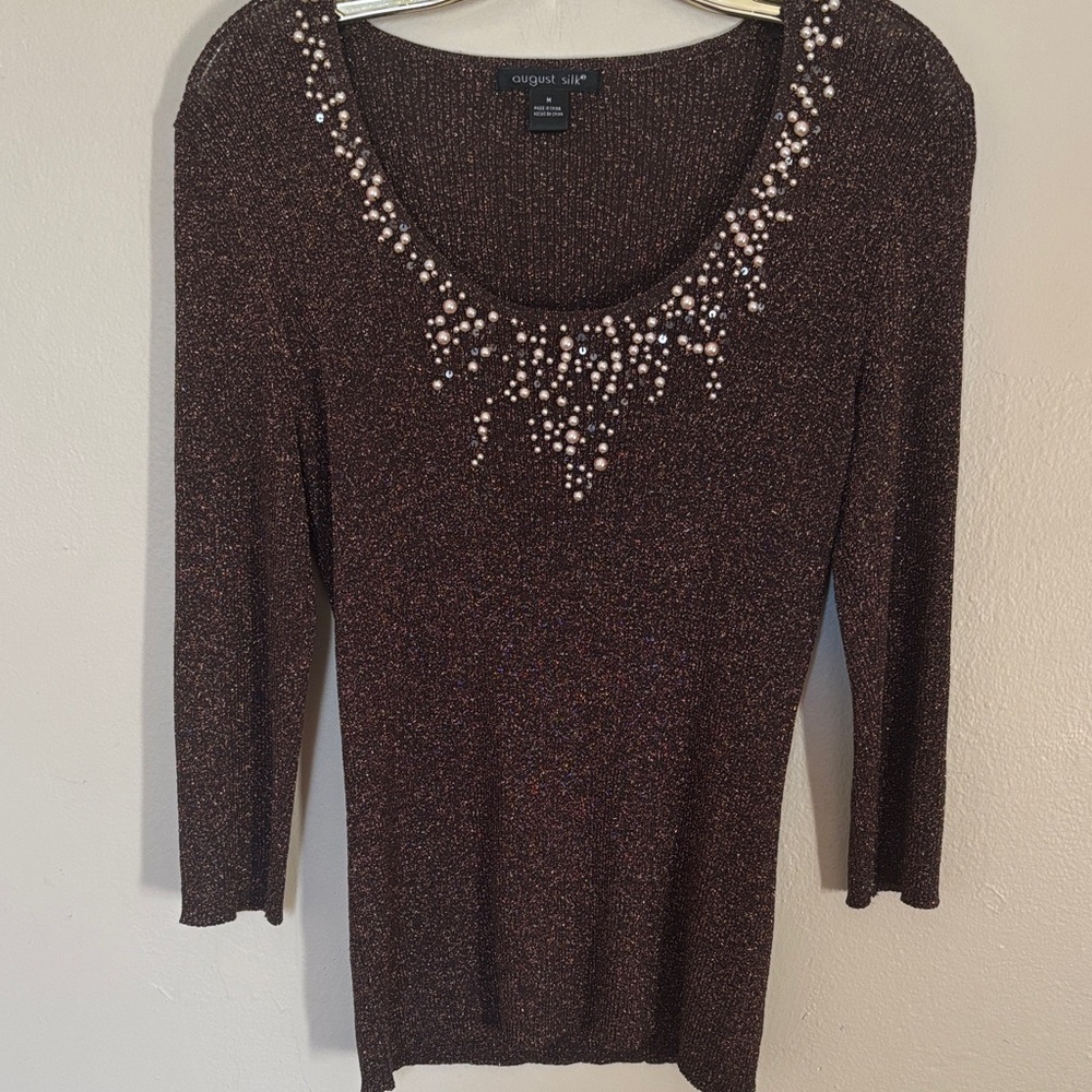 August Silk Brown Beaded Blouse